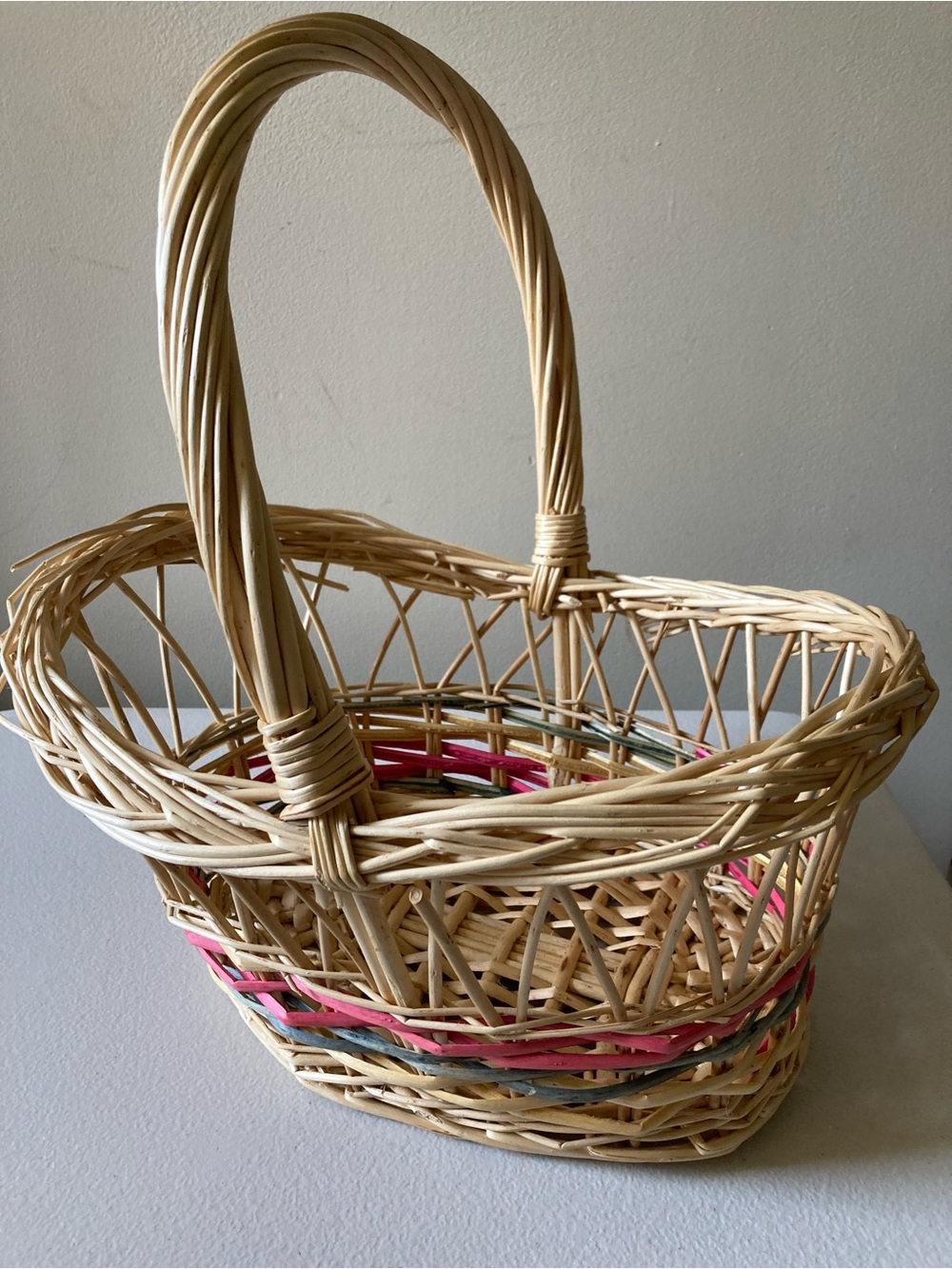 Wicker Woven Oval Easter Storage Basket w/ Handle, Beige Pink Blue 14” Tall